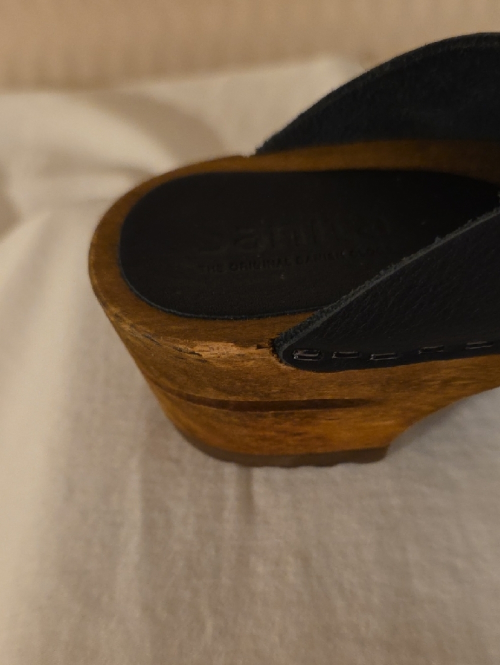 Sanita Black Leather Clog Mules with Wood-Tone Sole - Picture 5 of 8